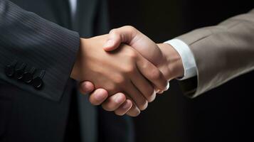 ai genererad handslag mellan två affärsmän betecknar framgångsrik avtal. generativ ai foto