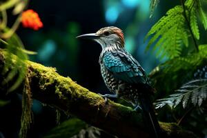 ai genererad hackspett fågel i tropisk skog foto