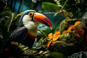 ai genererad toucan fågel i tropisk djungel foto