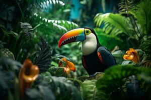 ai genererad toucan fågel i tropisk djungel foto