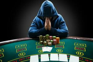 porträtt av en professionell poker spelare Sammanträde på poker tabell foto