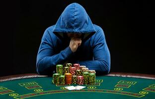 porträtt av en professionell poker spelare Sammanträde på poker tabell foto