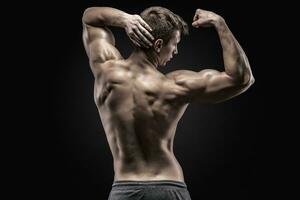 friska muskulös ung man som visar tillbaka och biceps muskler foto