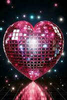 ai genererad hjärta formad ikon terar glittrande disko boll i romantisk tema foto