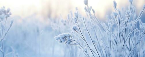 ai genererad frysta snöig gräs, vinter- naturlig abstrakt bakgrund. skön vinter- landskap. ai genererad foto