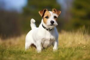 ai genererad Lycklig domkraft russell terrier sällskapsdjur hund väntar, lyssnande i de gräs. ai genererad foto