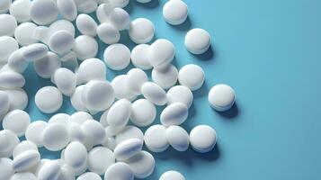 ai genererad topp se vit medicin tabletter antibiotikum piller på en mjuk blå bakgrund, kopia Plats, apotek tema, ai generativ foto
