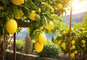 ai genererad citroner växande i en solig trädgård på amalfi kust i Italien. ai genererad foto