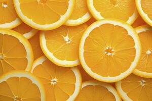 ai genererad orange frukt skivor citrus- arrangemang full ram bakgrund. ai genererad foto
