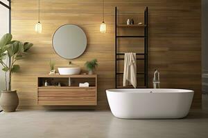 ai genererad interiör av eleganta badrum med trä- skåp, handfat, badkar, och spegel. ai genererad foto