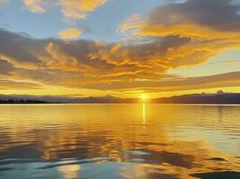 ai genererad ljus solnedgång över sjö gyllene moln reflektera i de vatten. ai genererad. foto