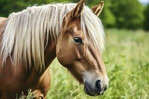 ai genererad brun häst med blond hår äter gräs på en grön äng detalj från de huvud. ai genererad foto