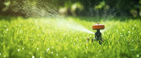 ai genererad automatisk trädgård gräsmatta sprinkler i verkan vattning gräs. ai genererad foto