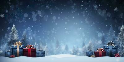 ai genererad glad jul och ny år, gåva lådor bokeh bakgrund. jul gåvor bakgrund. ai genererad foto