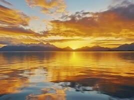 ai genererad ljus solnedgång över sjö gyllene moln reflektera i de vatten. ai genererad. foto