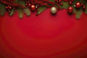 ai genererad jul eller ny år röd bakgrund med gran dekor. ai genererad foto