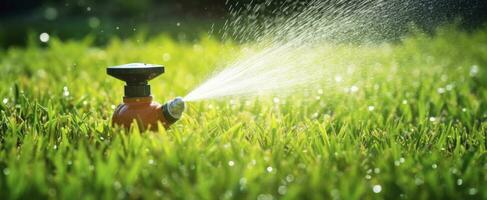 ai genererad automatisk trädgård gräsmatta sprinkler i verkan vattning gräs. ai genererad foto