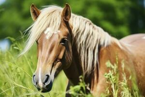 ai genererad brun häst med blond hår äter gräs på en grön äng detalj från de huvud. ai genererad foto