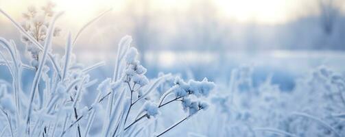 ai genererad frysta snöig gräs, vinter- naturlig abstrakt bakgrund. skön vinter- landskap. ai genererad foto