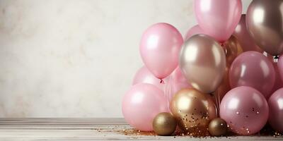 ai genererad födelsedag fest baner rosa och guld sammansättning med ballonger, konfetti, begrepp present kort, kopia Plats, vit bakgrund foto