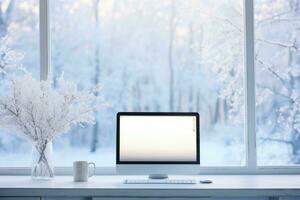 ai genererad dator övervaka visas en realistisk snöig landskap ai skapas foto