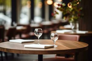 ai genererad elegant minimalistisk tabell miljö i exklusiva restaurang med mjuk bokeh bakgrund foto