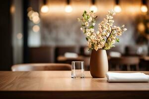 ai genererad elegant minimalistisk tabell miljö i exklusiva restaurang med mjuk bokeh bakgrund foto