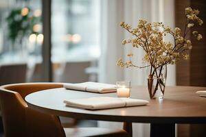 ai genererad elegant minimalistisk tabell miljö i exklusiva restaurang med mjuk bokeh bakgrund foto