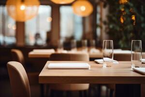 ai genererad elegant minimalistisk tabell miljö i exklusiva restaurang med mjuk bokeh bakgrund foto