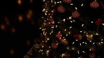 3d konstverk , jul träd dekoration med ljus, glas boll och röd ornament på bakgrund bokeh av sida flimmer ljus lökar kransar för familj vinter- Semester. 8 K upplösning foto