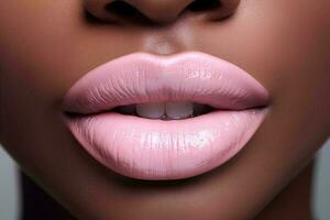 ai genererad svart kvinnors mun med pastell Färg läppstift stänga upp makro detalj, skönhet skott foto