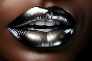 ai genererad svart kvinnors mun med festlig silver- metallisk Färg läppstift stänga upp makro detalj, skönhet skott foto
