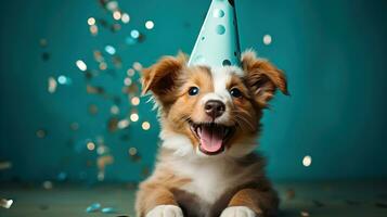 ai genererad Lycklig hund bär en fest hatt, fira på en födelsedag fest. generativ ai foto