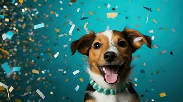 ai genererad Lycklig hund bär en fest hatt, fira på en födelsedag fest. generativ ai foto