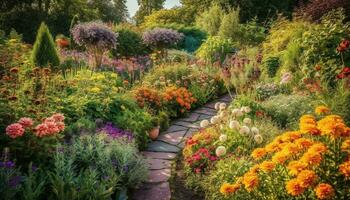 ai genererad en skön landskap med färgrik blommor och frodig grön gräs genererad förbi ai foto