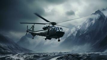 ai genererad rädda helikopter i bergig terräng ai genererad foto