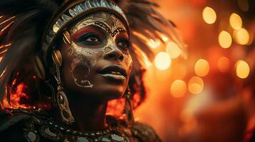 ai genererad stam- dansare i traditionell kostym på karneval ai genererad foto