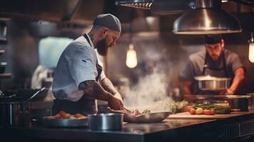 ai genererad professionell kockar på arbete i restaurang kök ai genererad foto