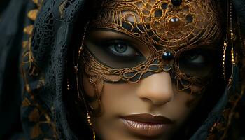 ai genererad skön kvinna i guld mask utstrålar elegans och sensualitet genererad förbi ai foto
