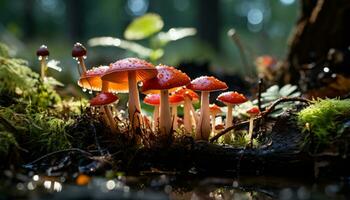 ai genererad stänga upp av en färsk flyga agaric svamp i de höst skog genererad förbi ai foto