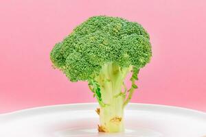 färsk och rå broccoli på vit maträtt. okokt grön kål. vegan och vegetarian kultur. rå mat. friska äter och vegetabiliska diet foto