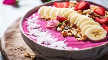 ai genererad en smoothie skål med en vibrerande rosa bas tillverkad av blandad drake frukt foto