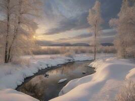 ai genererad naturskön se av frysta sjö mot himmel under vinter- foto
