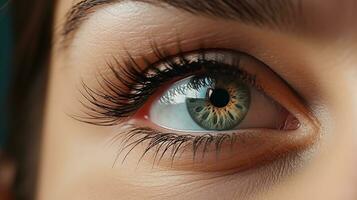 ai genererad en kvinnas öga med lång ögonfransar och en grön öga foto