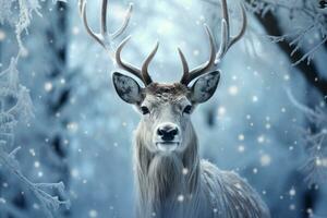 ai genererad en kunglig ren omgiven förbi virvlande snöflingor, jul bakgrund foto