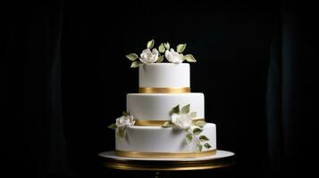 ai genererad en enkel och elegant vit bröllop kaka med guld accenter. foto