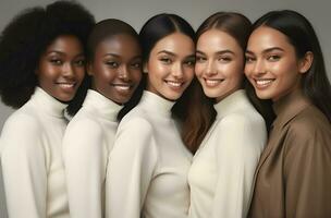 ai genererad skön ung multietnisk kvinnor med naturlig smink. reklam för kvinna mode modeller, ansikte och kropp hud vård. foto