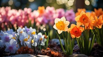 ai genererad en ljus och färgrik skott av en trädgård säng fylld med en mängd av vår blommor foto