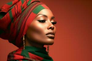 ai genererad afrikansk amerikan kvinna i röd och grön huvudduk med guld örhängen foto