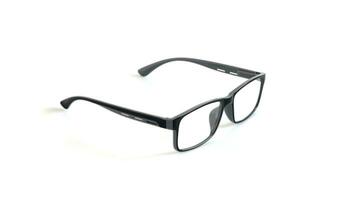 glasögon med svart ram, skinande. ha på sig för öga hälsa, isolerat på vit bakgrund foto